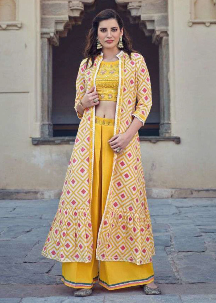 Yellow IndoWestern Crop Top & Palazzo Set with Shrug Urban Womania