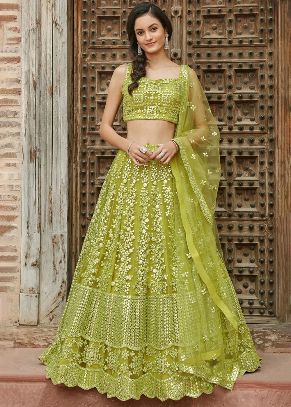 Seductive Mustard Olive Green Mirror Work Chinon Silk Lehenga – tapee.in