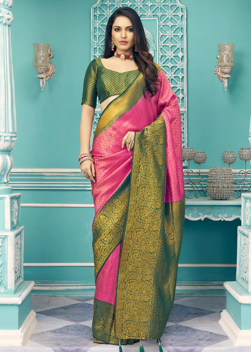 Lime Green Woven Kanjivaram Silk Saree