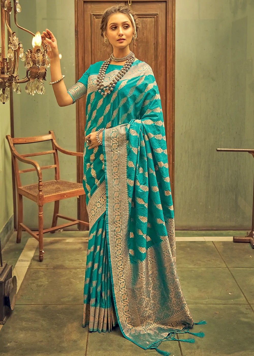 Teal Blue Luxury Silk Saree with Navy Blue Banarasi Border & Multicolour Geometric Weave