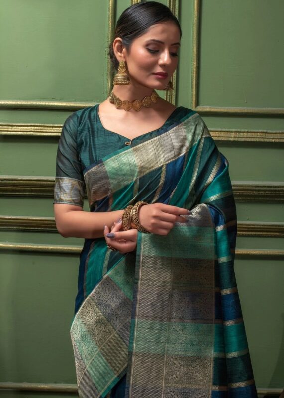 Women's Tussar Silk Light Green Printed Designer Saree With Blouse Piece