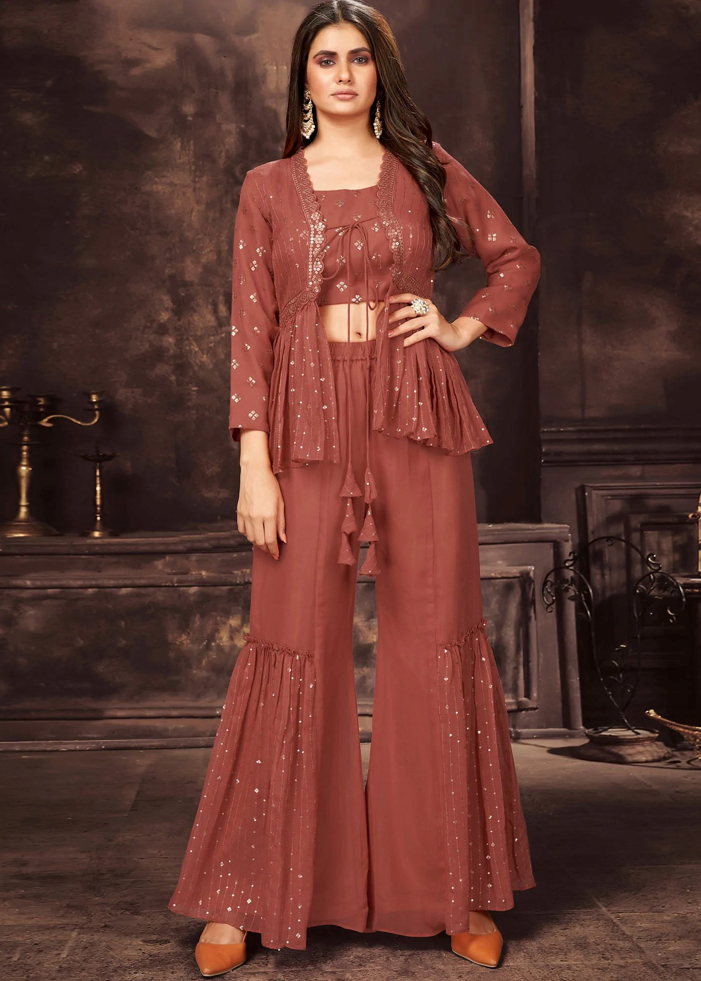 Rust Crop Top Sharara Set With Shrug Urban Womania beige-net-designer-pakistani-sharara-suit-indian-dresses-pakistani