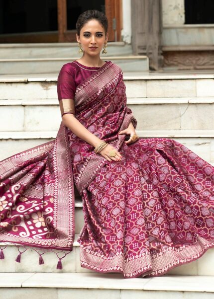 Wine Purple Banarasi Saree with Red Meenakari Zari Border and Tasselled Pallu