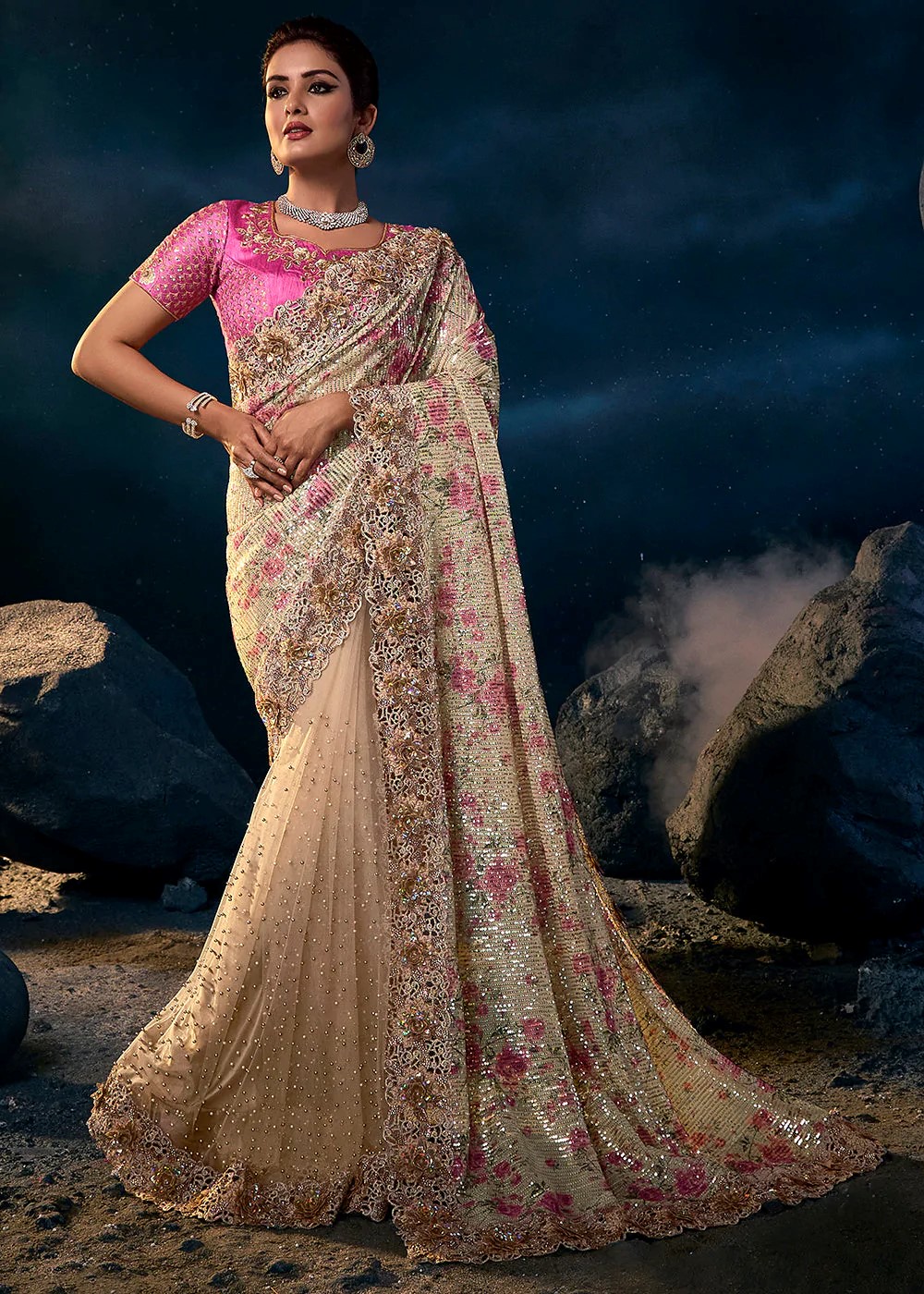 Beige Designer Saree with Heavy Work Urban Womania