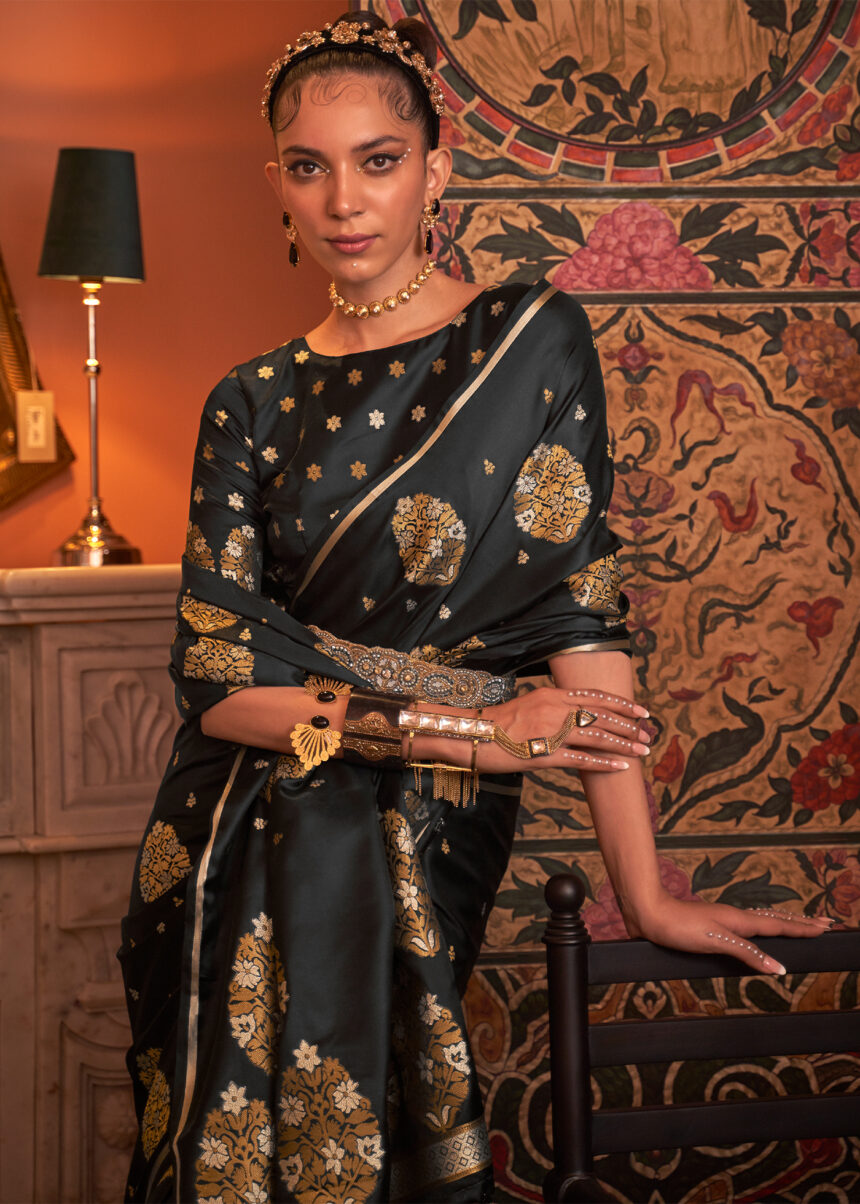 Black Printed Satin Saree main image 1