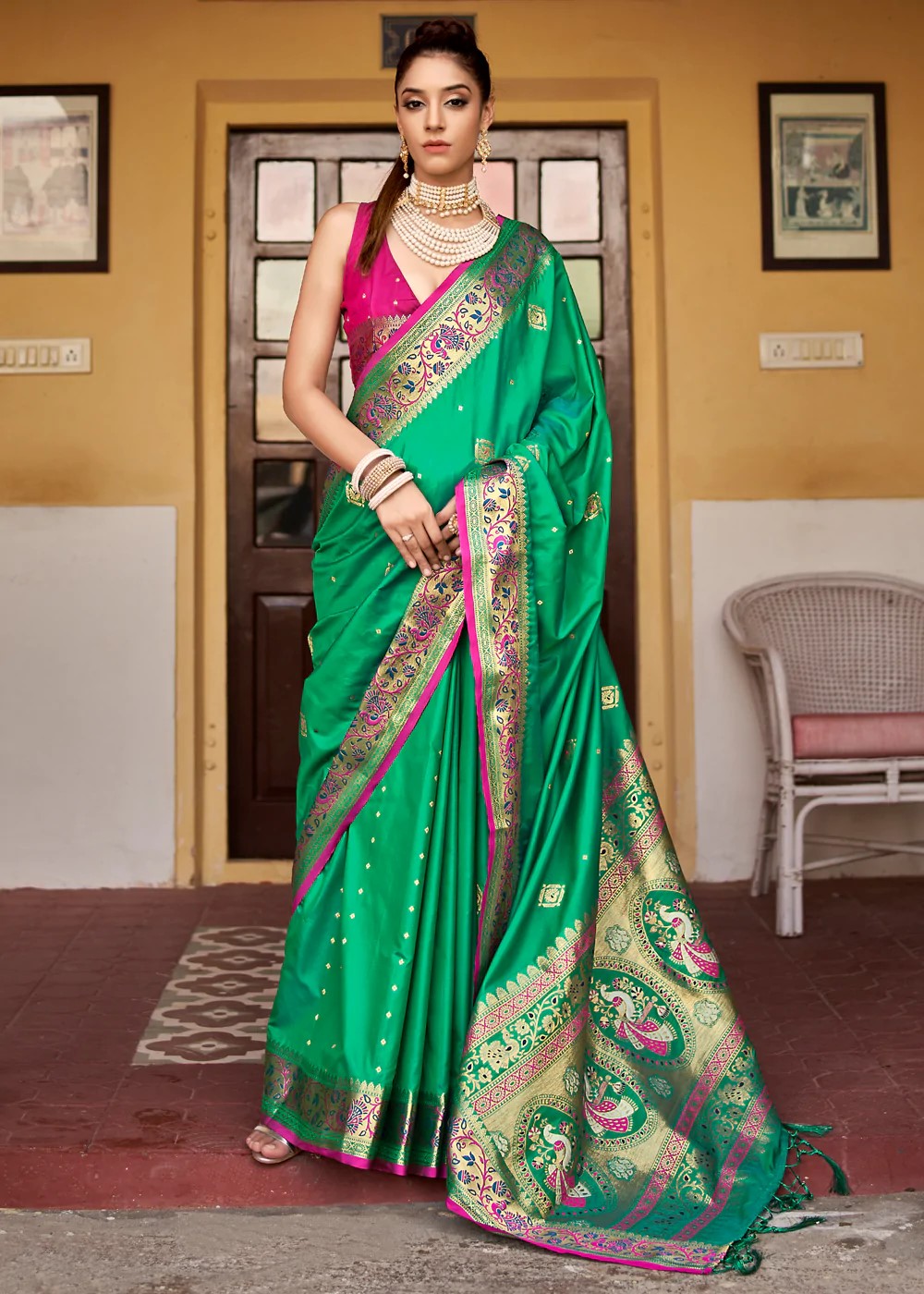 HPSS609 - Banarasi Soft Silk Saree in Silver with Sea Green Border. Comes with stitched blouse (size 38, can go up to size 42). Fall Peco Done.
