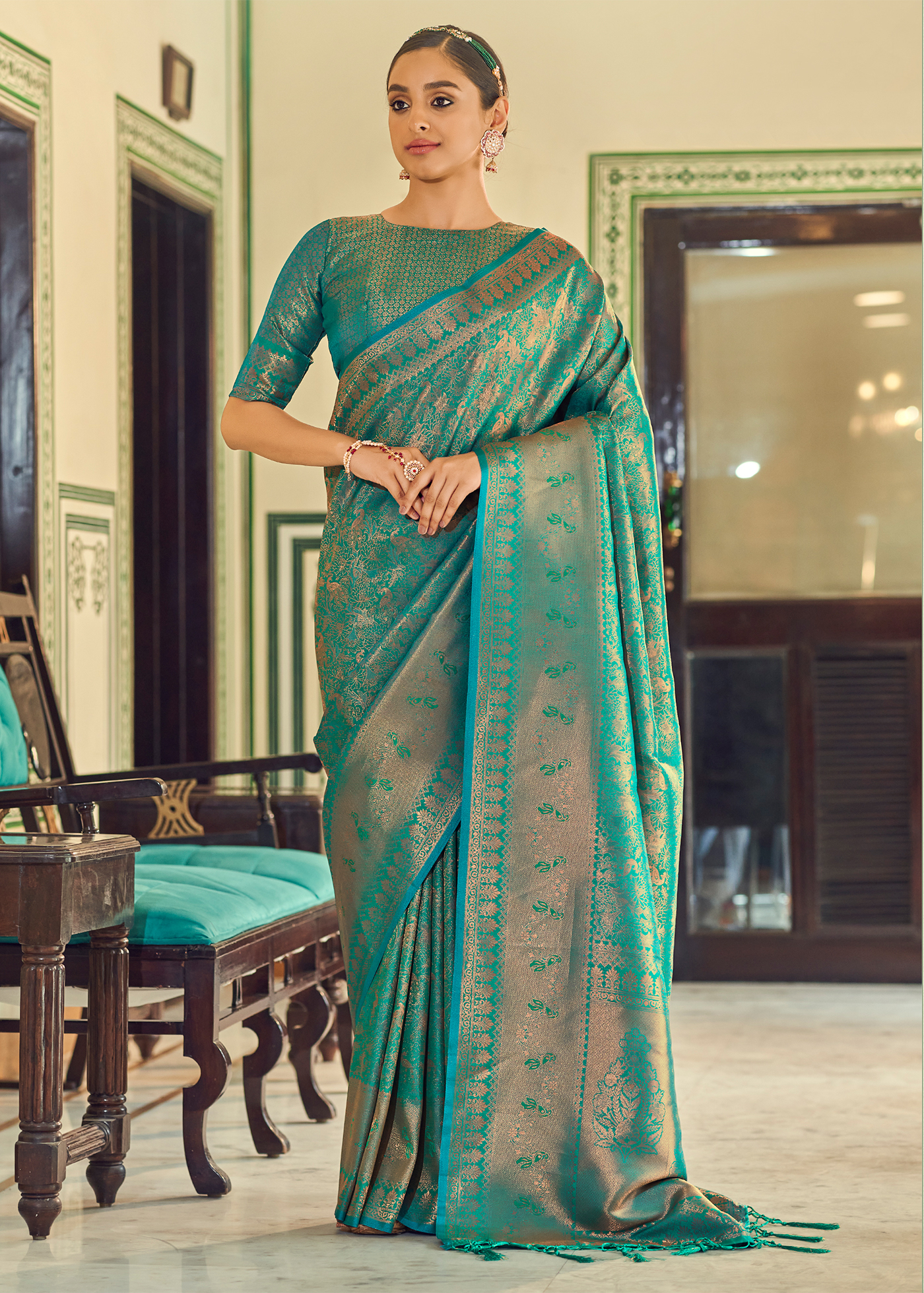 Teal Green Woven Kanjivaram Silk Saree - Urban Womania Teal Green Woven Kanjivaram Silk Saree - Urban Womania