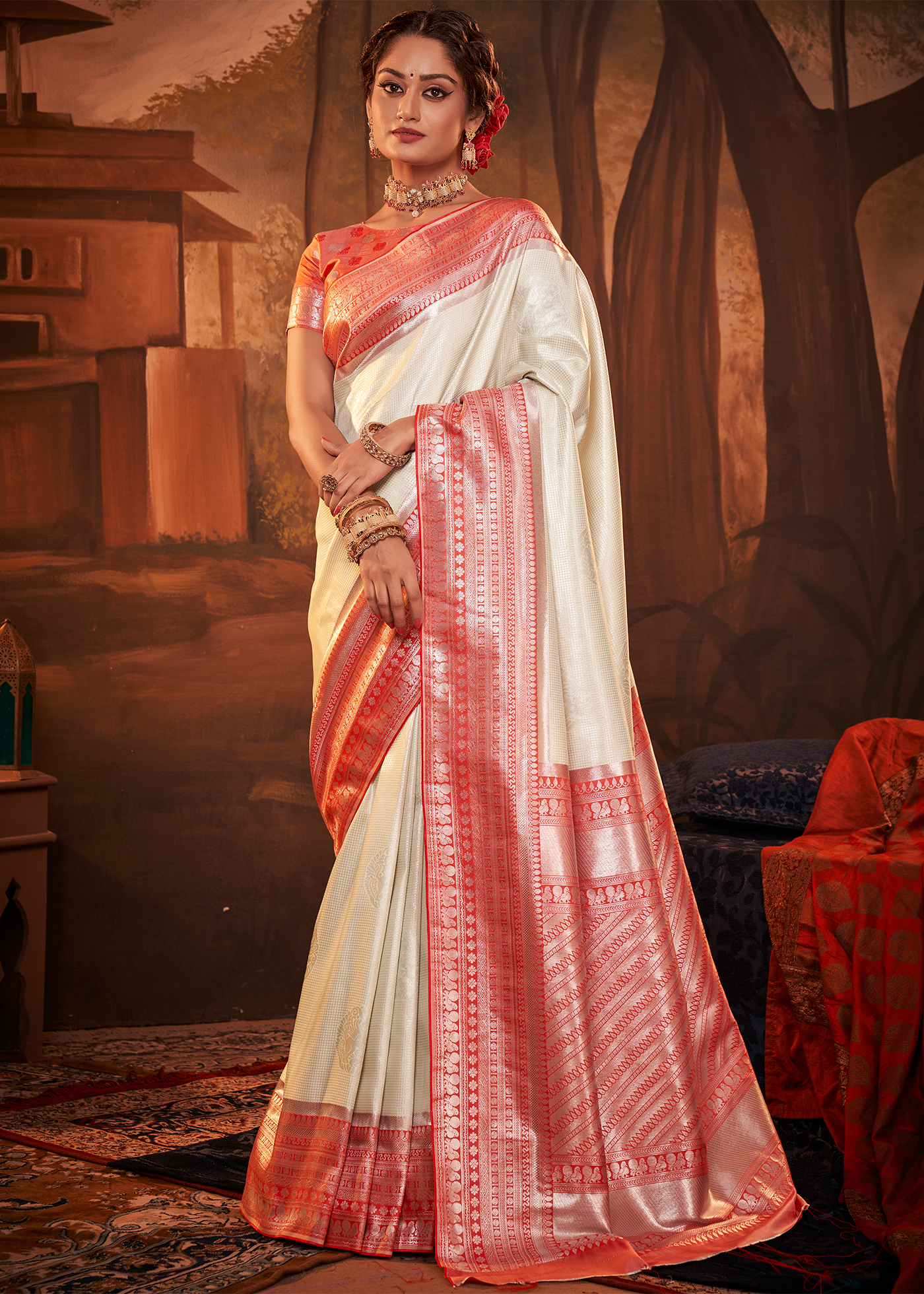 White red silk saree top