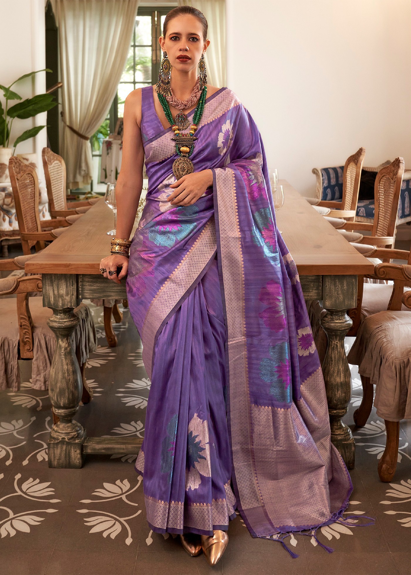 Dusty Lavender Spun Silk Handloom Saree with Woven Pallu