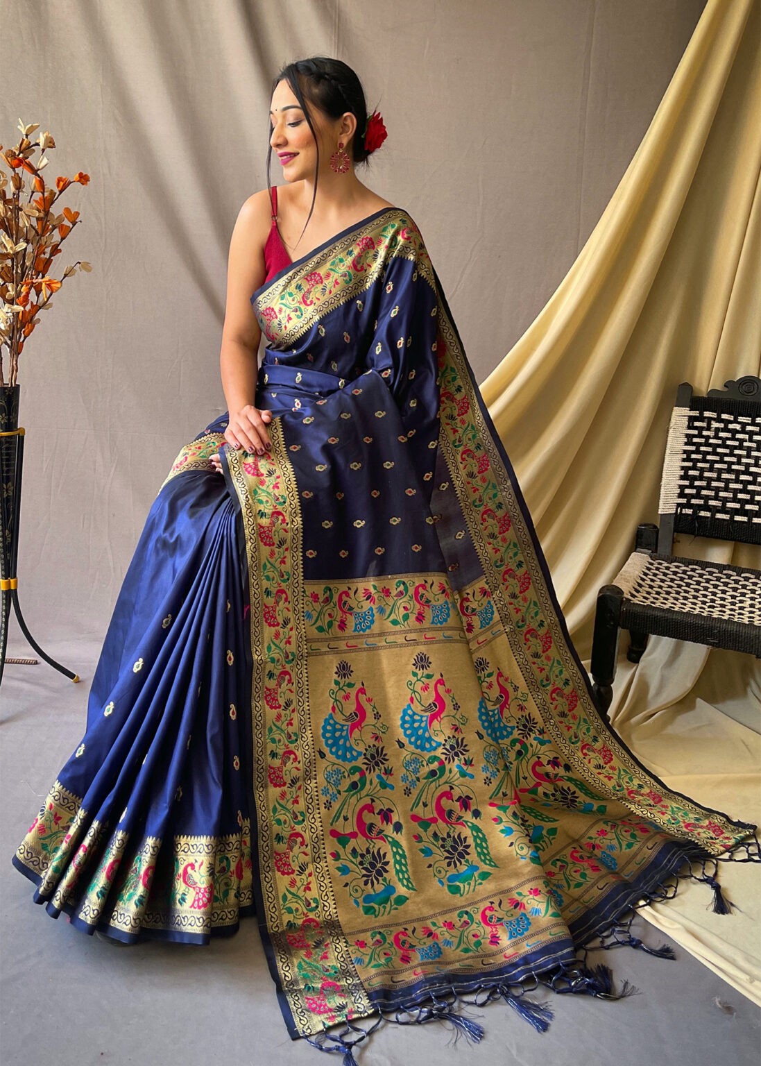 PSS18 - Beautiful Handwoven Cotton Sapphire Blue Paithani Saree with Cow and Lotus motif on Pallu main image 1