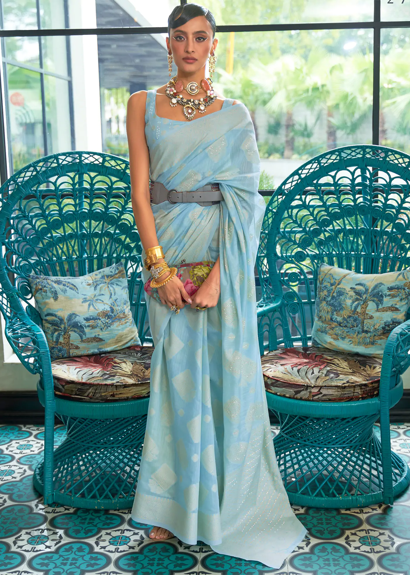 Baby Blue Woven Lucknowi Chikankari Cotton Silk Saree Urban Womania