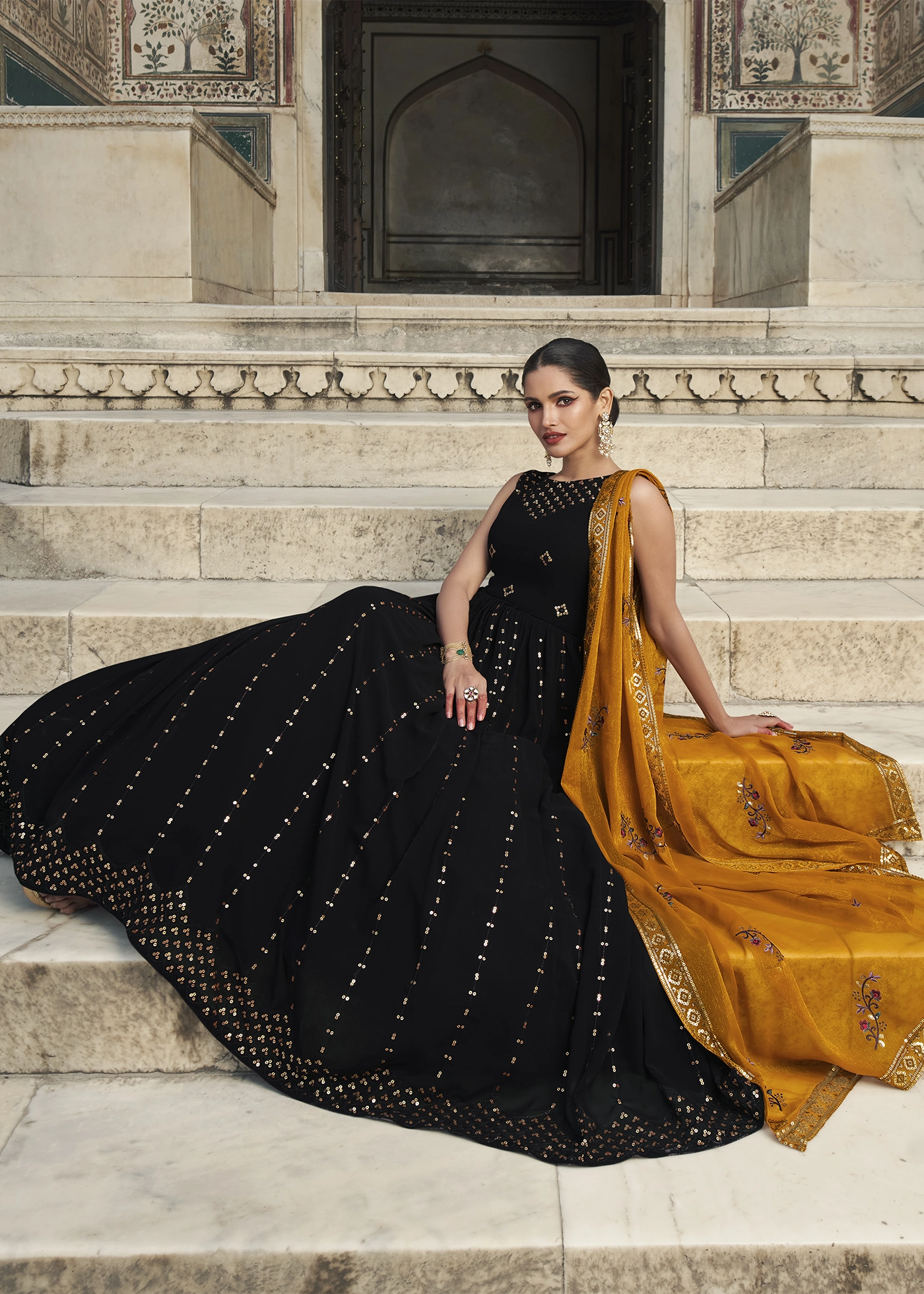 Black Faux Georgette Anarkali Gown With Flower Printed Dupatta