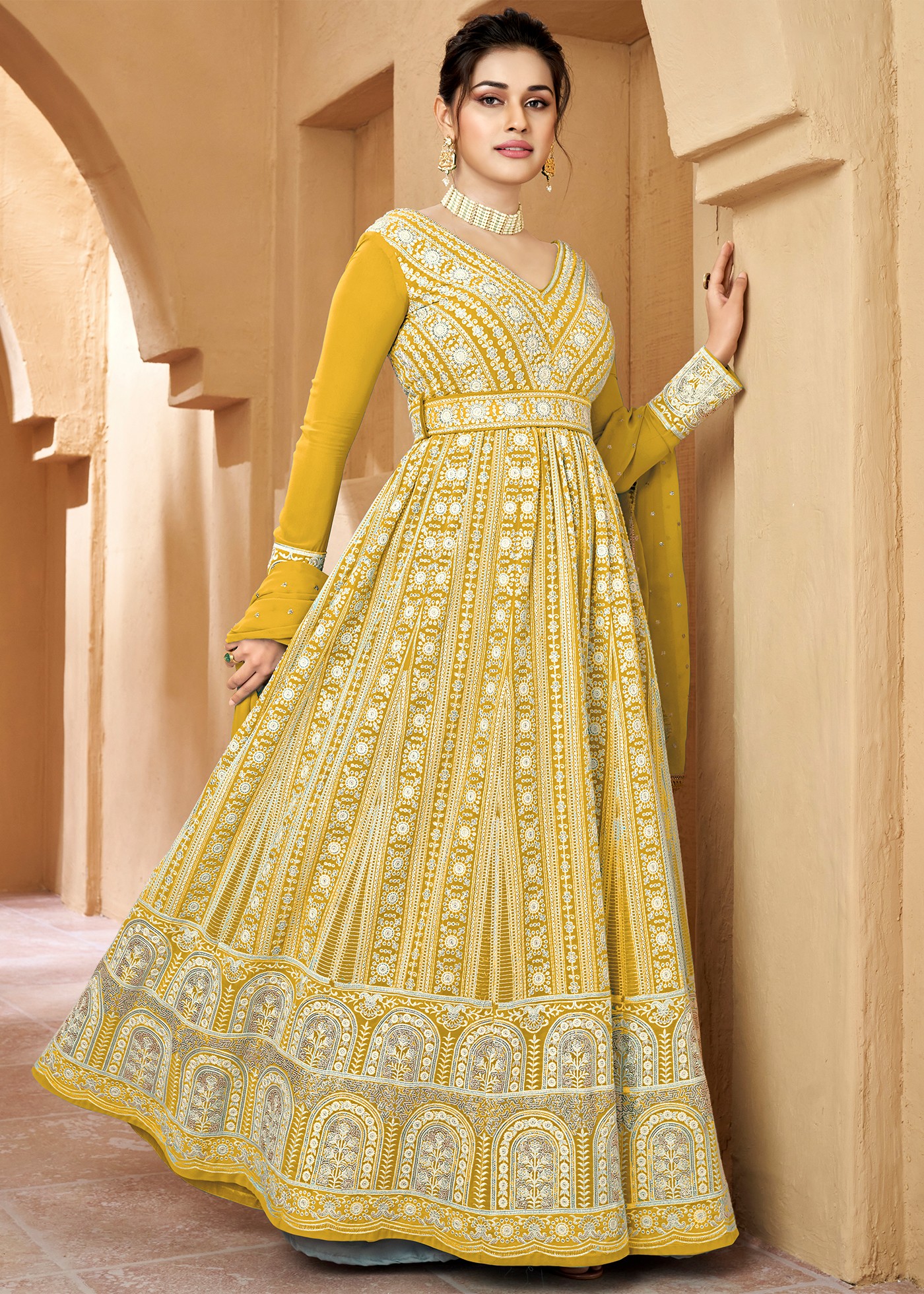 Pink-Yellow Handwork Anarkali Suit – Label Madhuri Thakkar