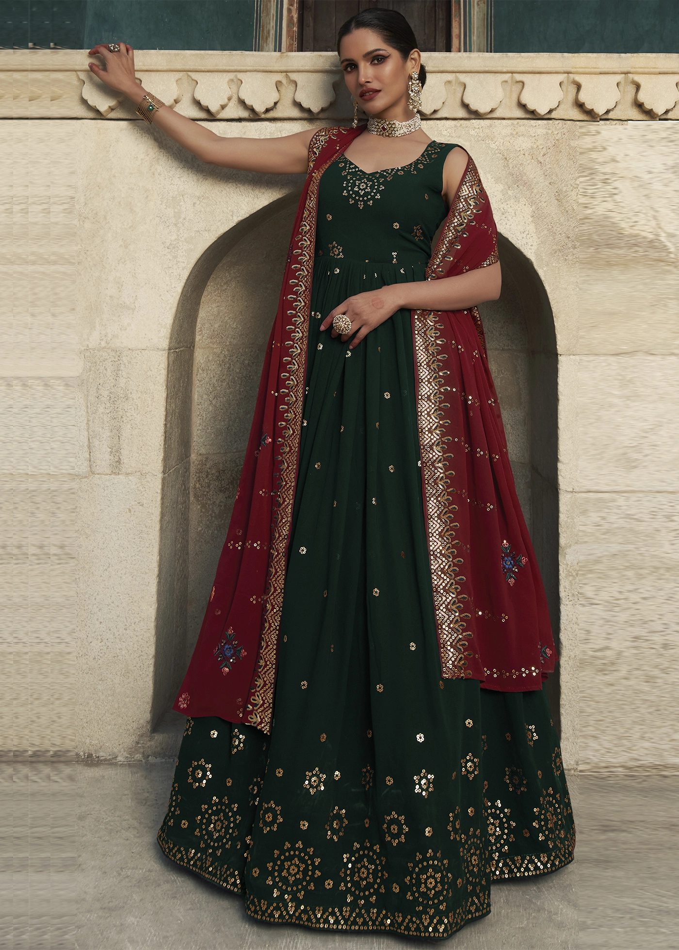 Bottle Green kanchali Neck Suit Set With Embroidery Work Dupatta