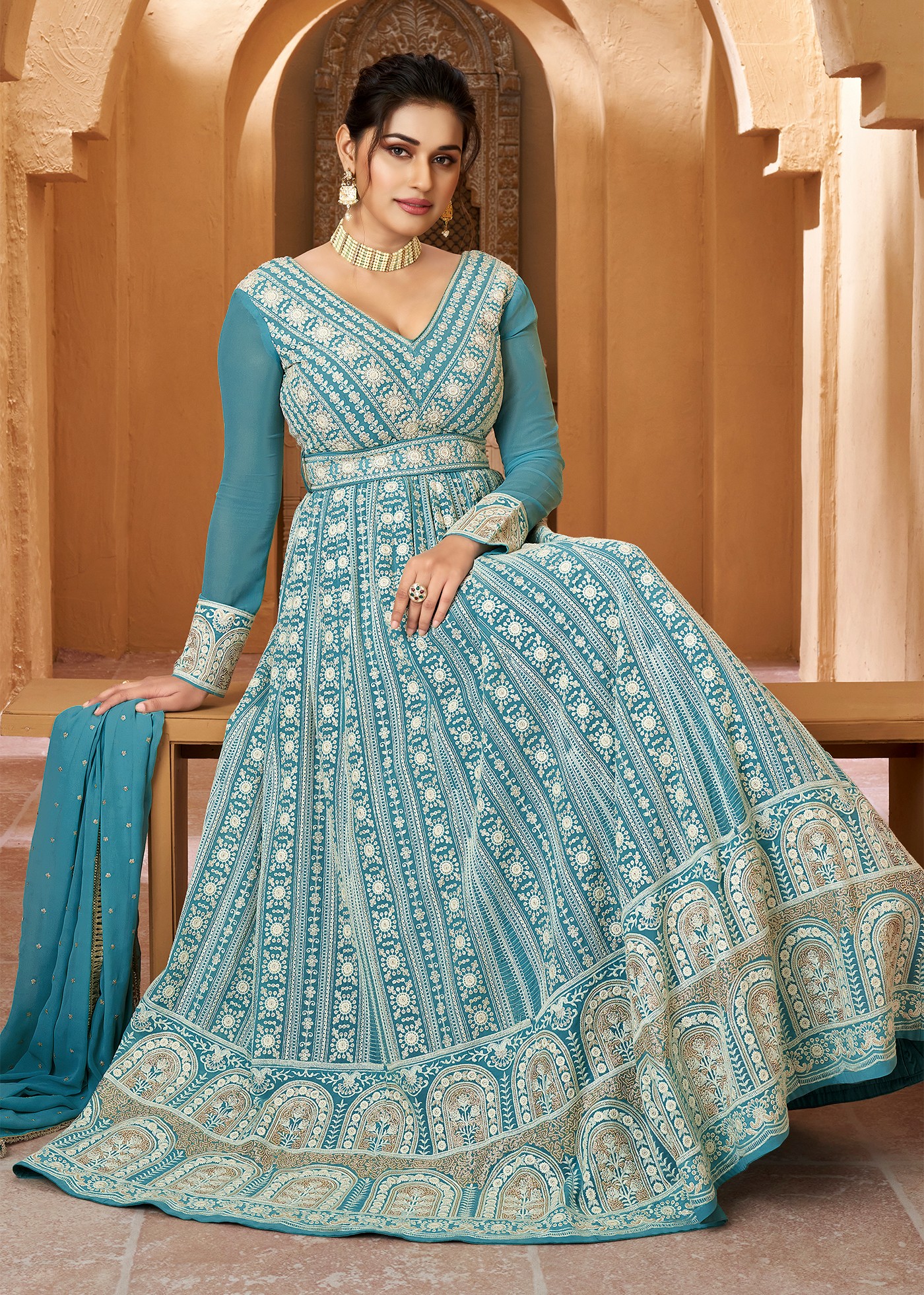 Navy Blue Color Georgette Embroidered Anarkali Dress