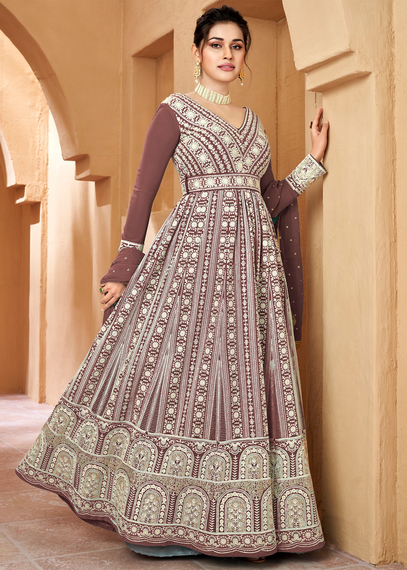 Sage Gray Designer Heavy Embroidered Net Wedding Anarkali Gown | Saira's  Boutique