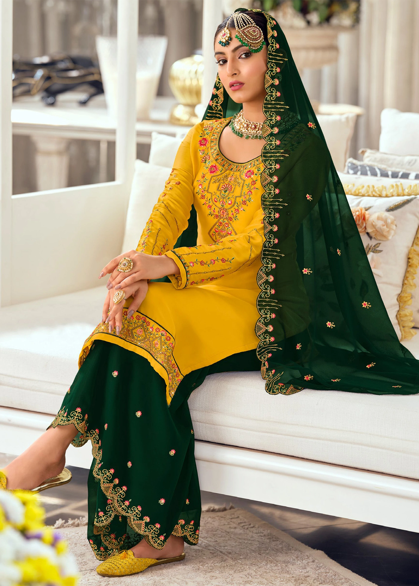 Green and Yellow Color Combination Party Wear Gharara Suit With Dupatta ::  ANOKHI FASHION