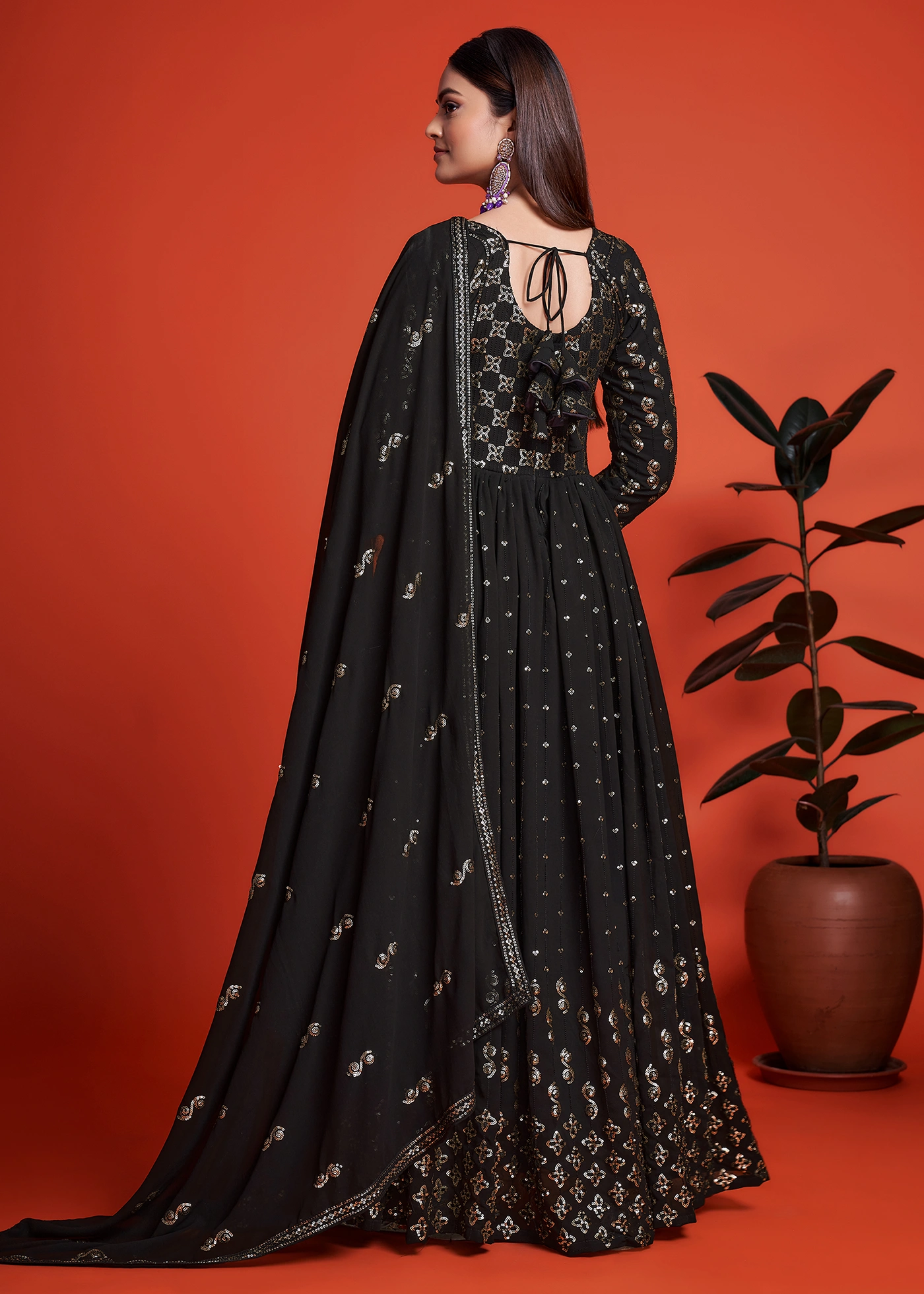 Black Embroidered Georgette Anarkali Gown with Dupatta