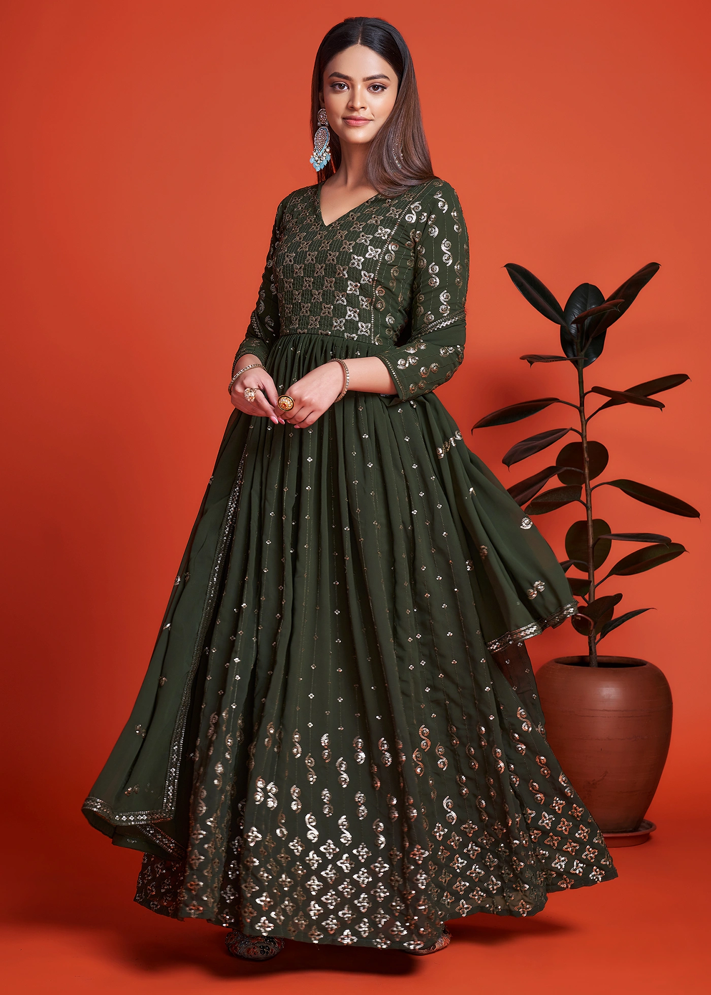 Teal Green Heavy Embroidery Georgette Anarkali Gown - Urban Womania