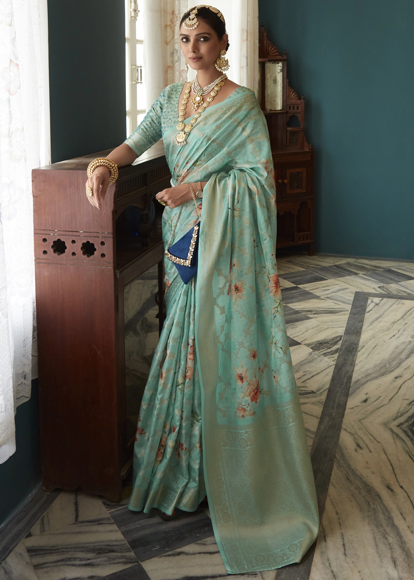 Turquoise Print Floral Sari Fabric