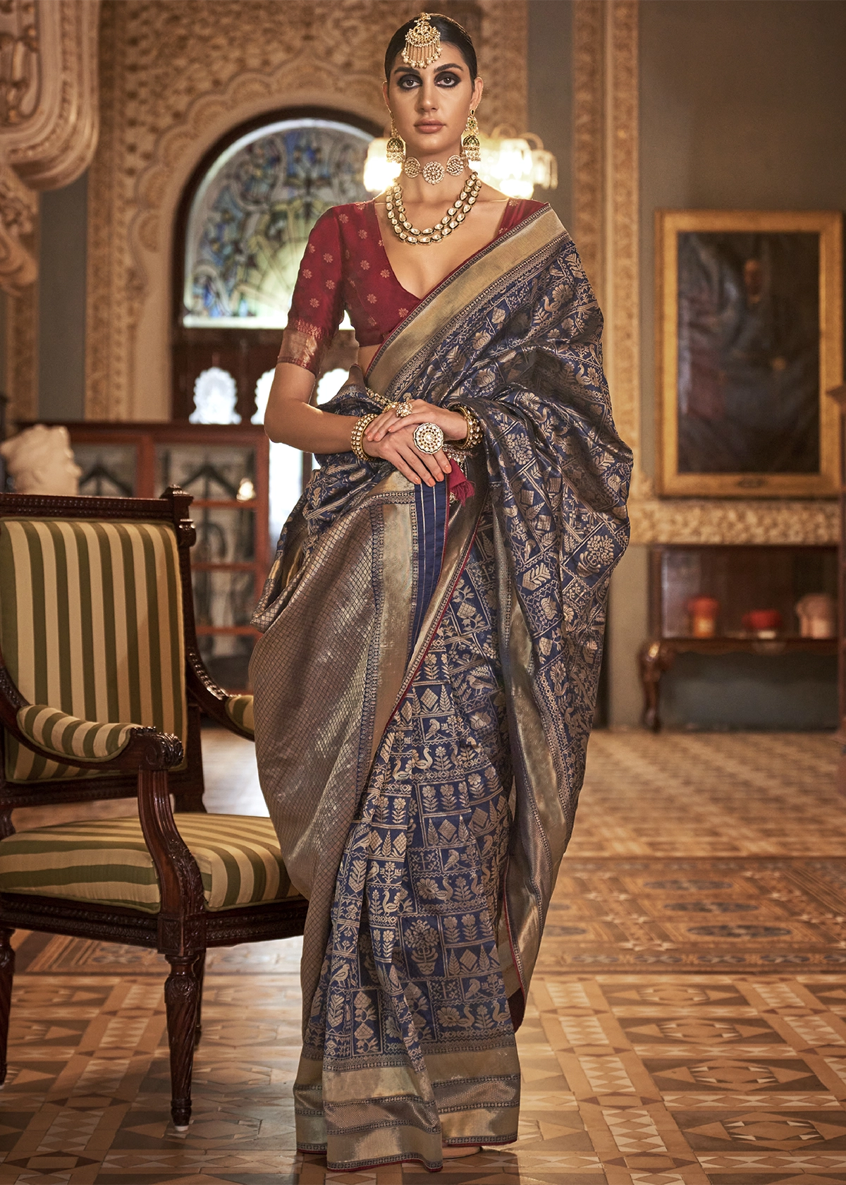 Royal blue banarasi saree for wedding store