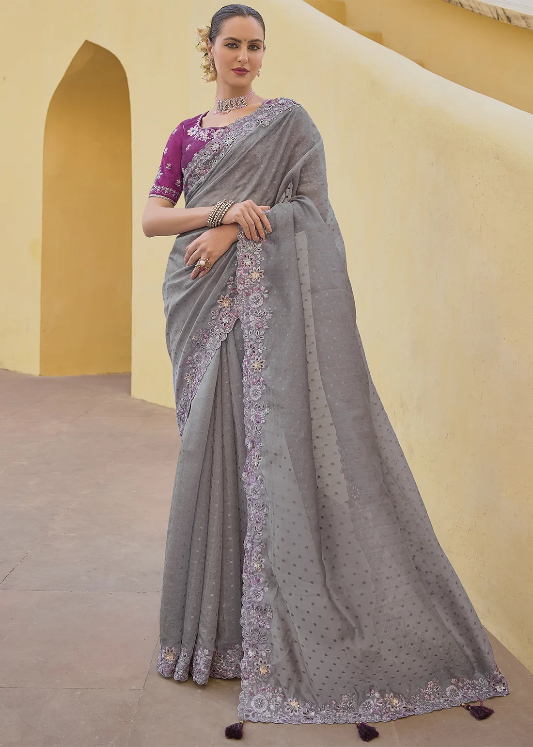 Gray Embroidered Organza Silk Saree with Embroidered Blouse - Urban Womania