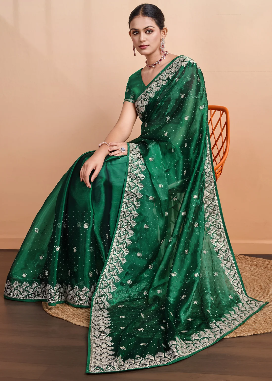 Dark Green Embroidered Chiffon Saree with Stone Work